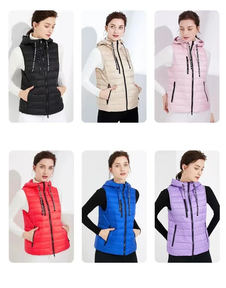 2023 Winter 90% White Down Vest Jacket Female New Fashion Hooded Warm Waistcoat Black Slim Sleeveless  Short Vests Ladies Coat