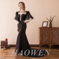 haowen elegant black evening dresses for women modern design satin with feather gorgeous formal mermaid gown