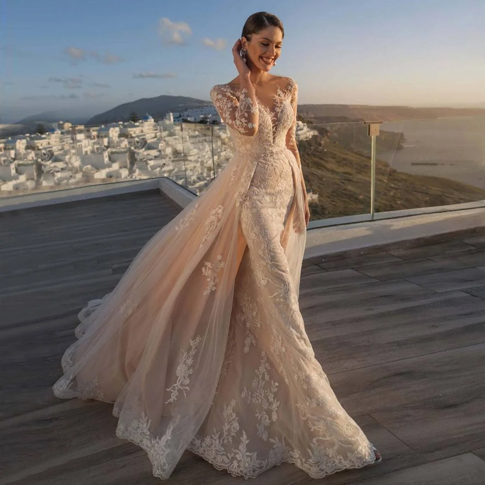 

Женское свадебное платье с юбкой-годе, облегающее платье с кружевной аппликацией и шлейфом для невесты, наряд для торжественной вечеринки, лето 2023