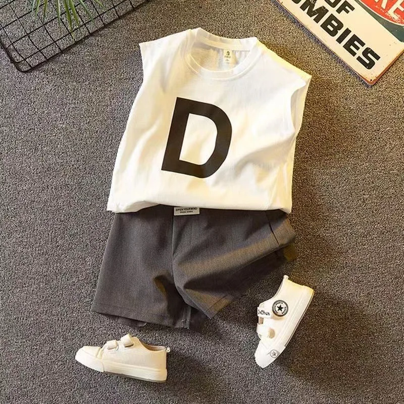 2023 summer two-piece sleeveless suit baby boy suit casual plain letter cute cotton T-shirt+shorts children's wear 1-4 years old