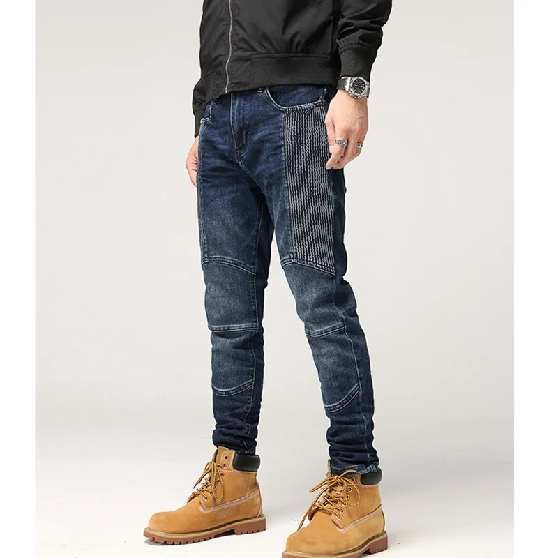 Streetwear Men Autumn and Winter New Pattern Splicing Self-cultivation Elastic Force Blue Pencil Pants Recreational Jeans Female