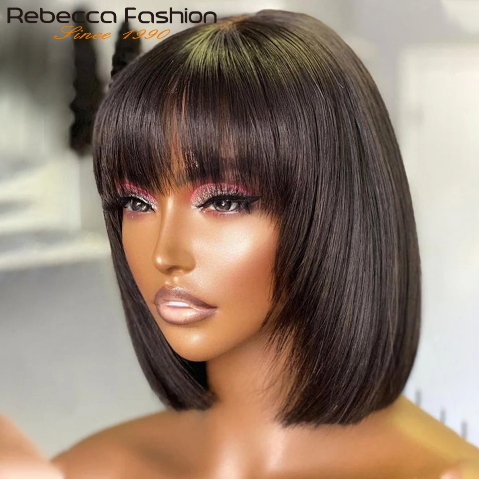 Rebecca Short Straight Human Hair Bob Wigs Brazilian Human Hair Wig with Bangs Remy Full Machine Made Wig for Women 10-14 Inches