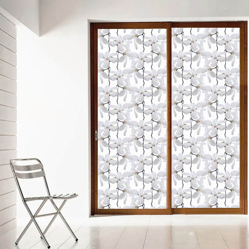 

White Flowers Window Film Privacy Static Clings Decorative Sun Blocking Non-Adhesive Anti-UV Glass Stickers for Home