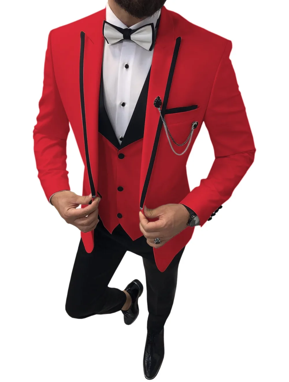 

2022 New Men Suits 3 Pieces Slim Fit Casual Business Groomsmen Red Peak Lapel Tuxedos for Formal Wedding(Blazer+Pants+Vest)