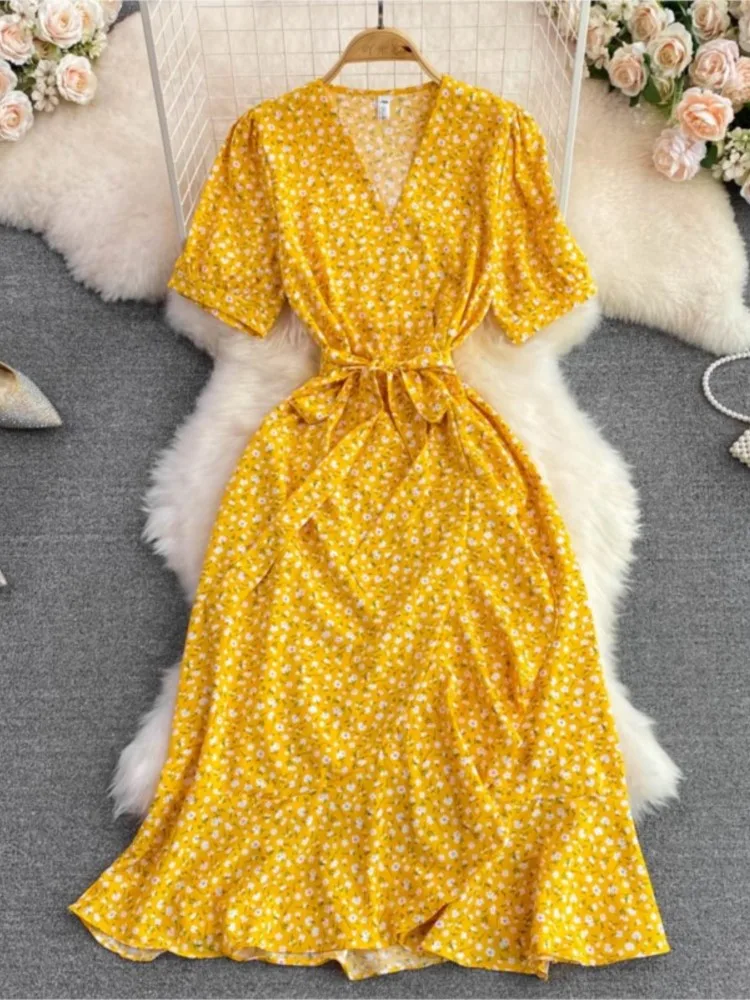 

Женское платье миди с цветочным принтом, корейское винтажное платье-трапеция с V-образным вырезом, оборками и шнуровкой, лето