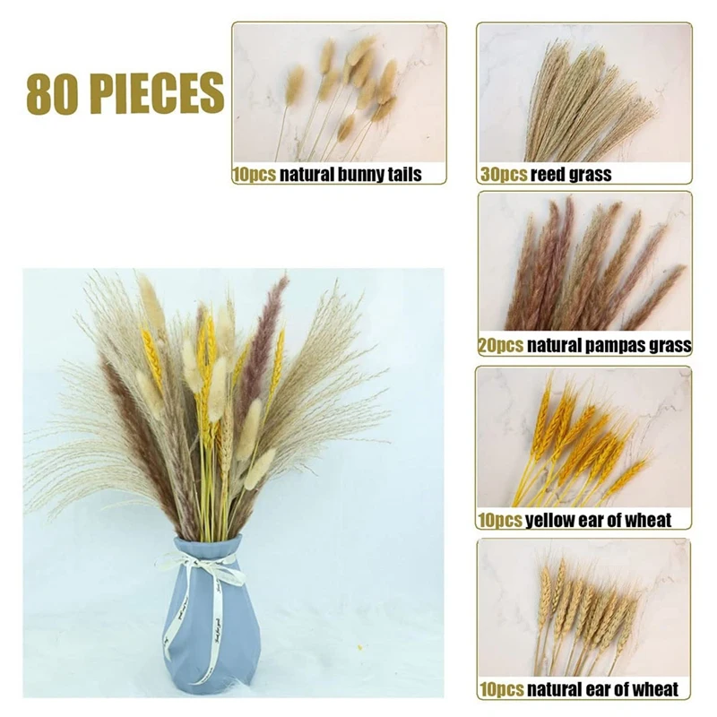 

80 Pcs Natural Dried Pampas Grass Brown Pampas Grass Boho Decor Natural Fluffy Pompous Grass Decor For Flower