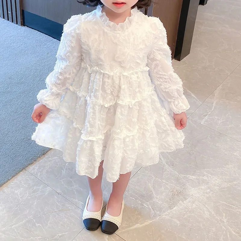 

Girls' Dress Spring Autumn 2023 New Fashionable Stringy Selvedge Round Neck Korean Clothes White Long Sleeve Midi Cake Dresses
