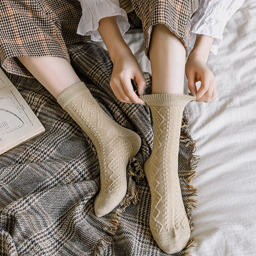 Кашемировые шерстяные женские носки однотонные длинные в японском стиле