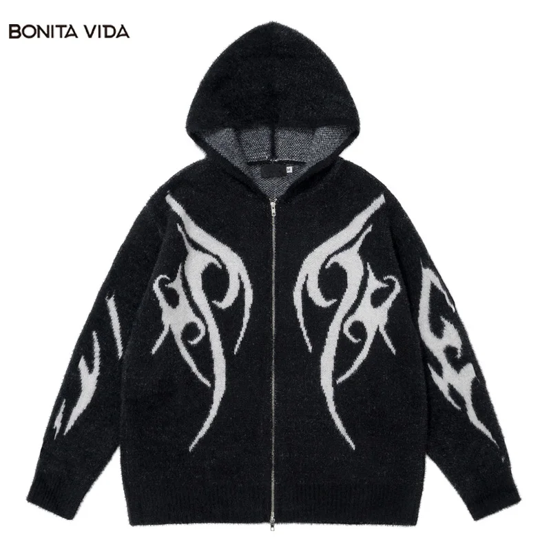 

Кардиган, свитер, пальто, уличная одежда, вязаный свитер в стиле хип-хоп с узором, свитер с капюшоном на двойной молнии, модный Свободный джемпер в стиле Харадзюку, 2023