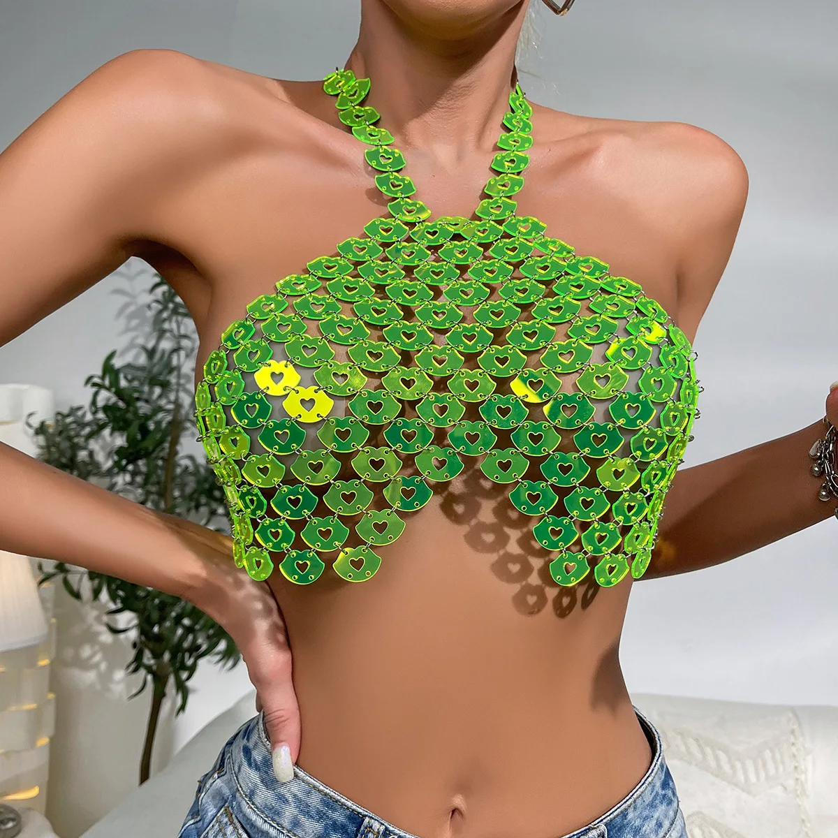 

Sexy Love Sequins Chic Women's Lingerie Body Chain Top Water Drop Fishnet Shiny Chest Bra Bikini Sling Halter Vest Jewelry
