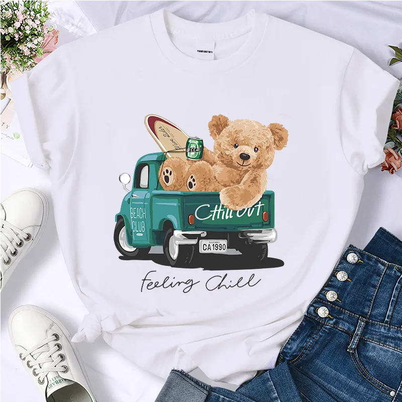 

2023 Newest Women's Summer Funny Bear Print Y2k T-shirt Ladies Short Sleeved Tees Clothing Loose Pure 100%Cotton Soft Tops S-7XL
