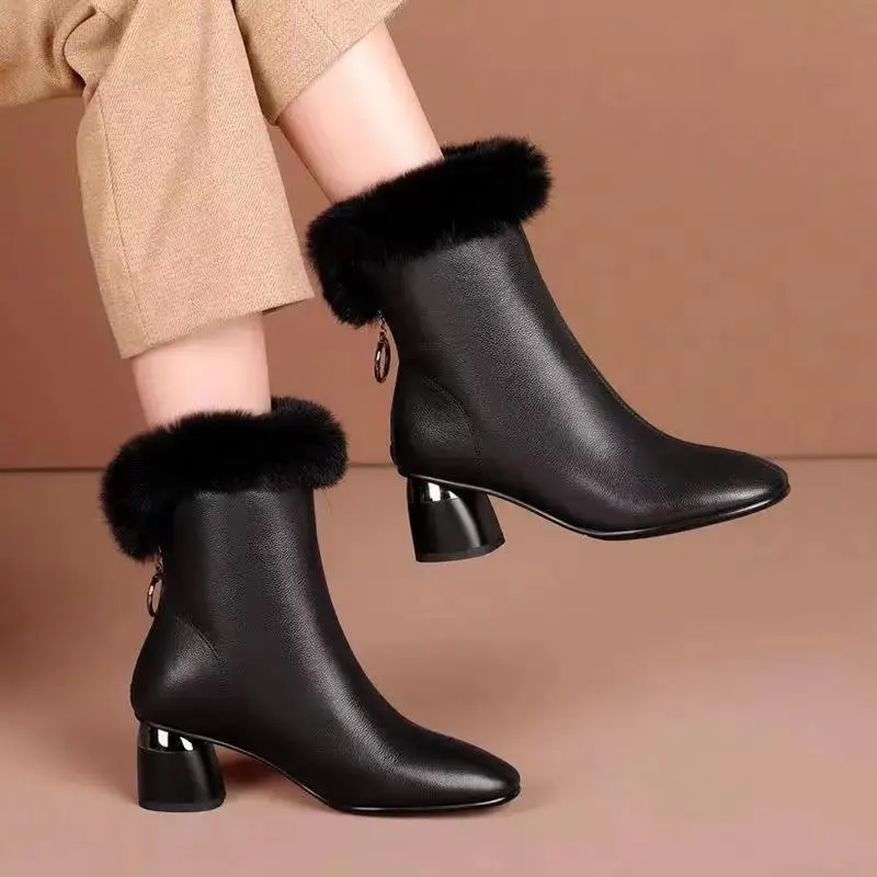 Boots Women Faux Leather Shoes For Winter Boots Plush Shoes Women's Casual PU Leather Botas Mujer Female Mid Calf Boots