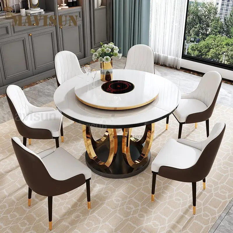 

Combination Of Dining Table And 6 Chairs With Turntable Stainless Steel Frame Round Table Kitchen Furniture For Large Apartment
