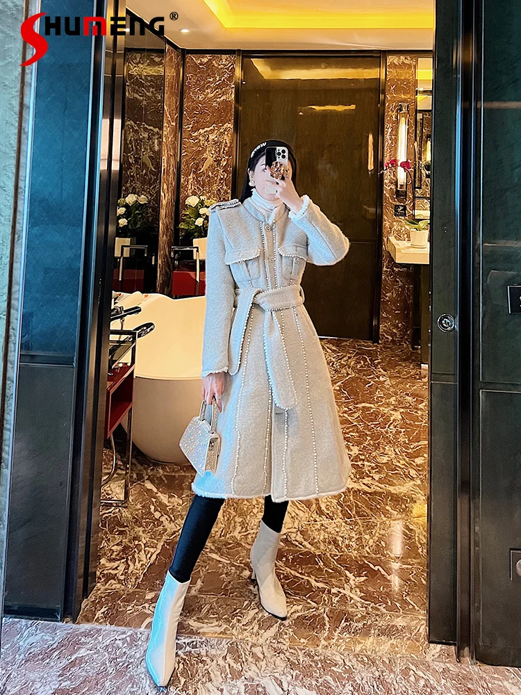 

2022 Winter New Ladies High-Grade Fashion Stand Collar Beaded Long Wool&blends Women Elegant Solid Color Office Lady Woolen Coat