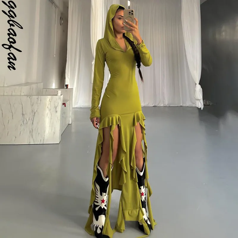 

Элегантное платье Ggbaofan с оборками и разрезом, макси-платье с капюшоном для женщин, модная одежда, платье с длинным рукавом, праздничные платья