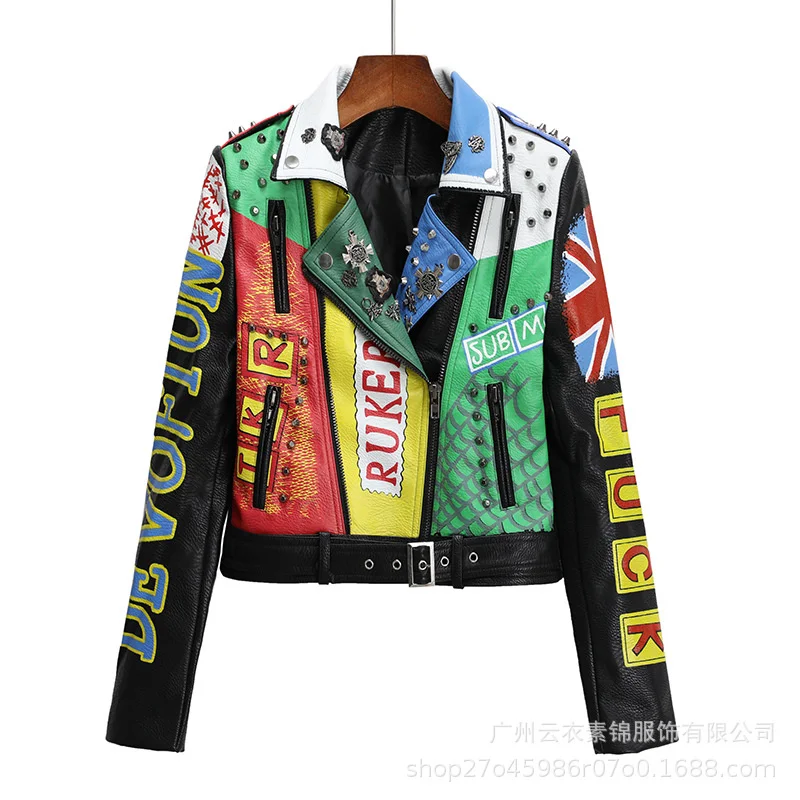 European And American Women'S Leather Clothing Fashion Printing Rivet Rock Punk  Motorcycle Slim Trend Suit Collar  Zipper Perso