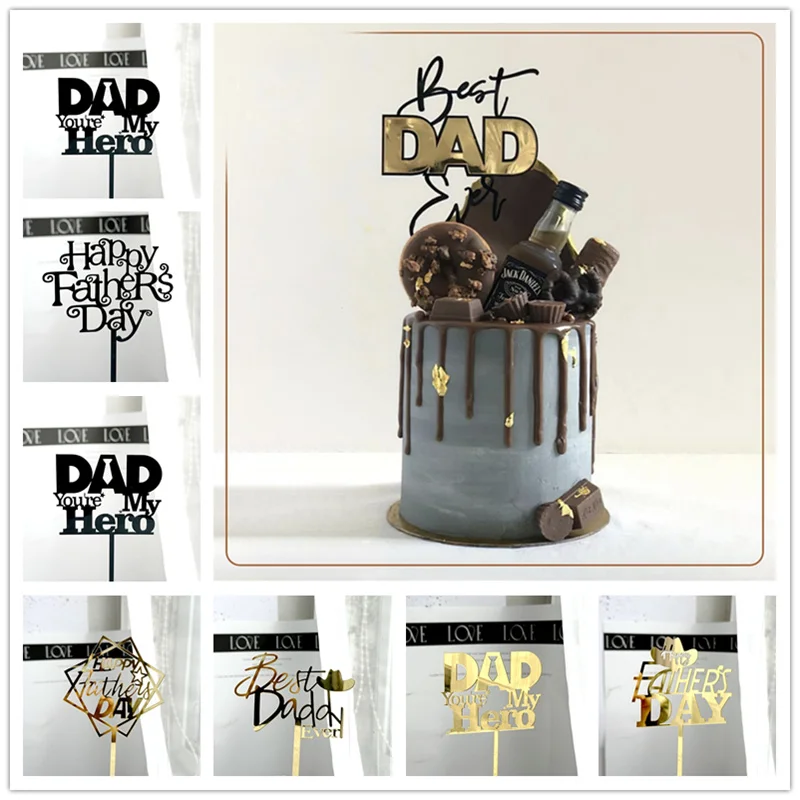 

2023 Happy Father's Day Birthday Cake Topper Gold Black Dad Is My Hero Super Dad Acrylic Cake Toppers Party Dessert Decoration