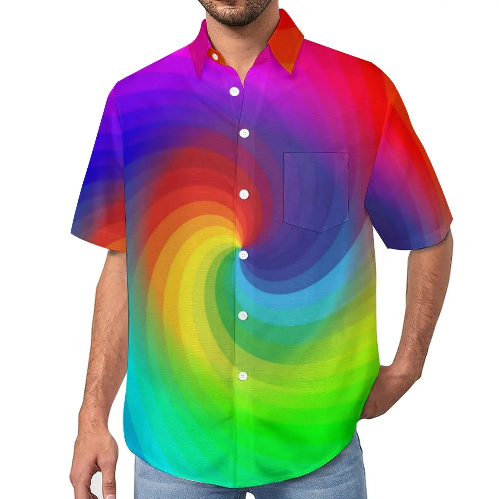 

Colorful Tie Dye Loose Shirt Man Vacation Rainbow Swirl Art Casual Shirts Hawaii Graphic Short Sleeve Trendy Oversized Blouses
