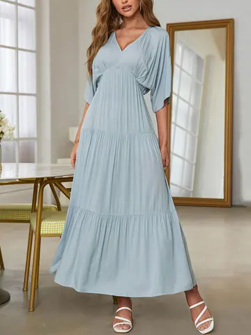 2023 Summer Viscose Maxi Dress Women Elegant Long Party Dress Ladies High Waist A Line Robe Ruched Loose Dress For Women