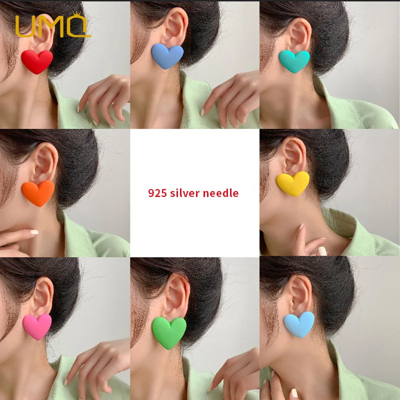 

UMQ 1Pair Korean Ins Fashion Candy Color Love 925 Silver Needle Earrings Makaron Color Multi-color Peach Heart Jewelry