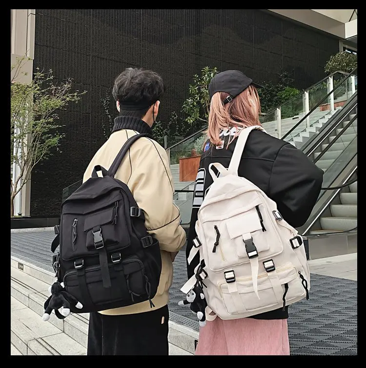 

Unisex Preppy Style Black Backpack Women Men Backpack Nylon Waterproof Multi-Pocket Design Mochilas Teenagers Shoulder Bag
