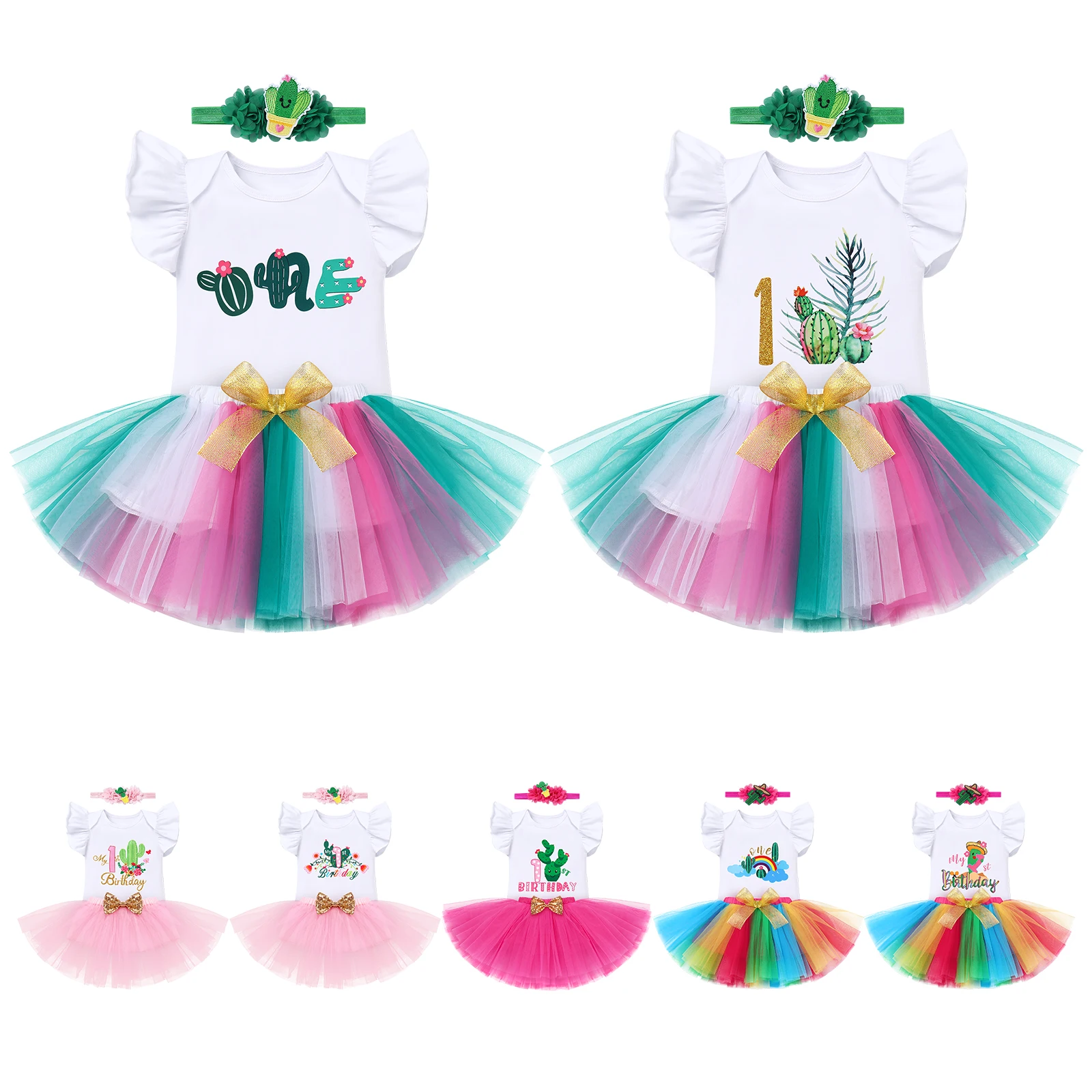 Newborn Baby Girls Cactus Themed Birthday Party Outfit  Baby Girls Cake Smash Ruffled Romper With Skirt And Headband