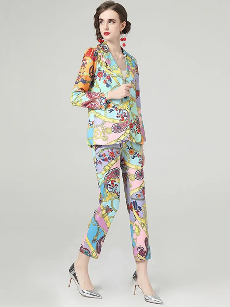 Женский брючный костюм с цветочным принтом пиджак на одной пуговице и