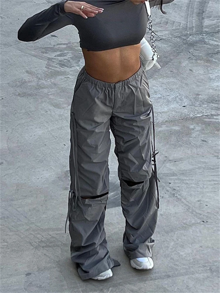 

Yesikey Casual Baggy Cargo Pants Wide Leg Sweatpants Black Loose Drawstring Low Waist Streetwear Womens Hiphop Joggers Trousers