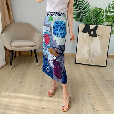 HOT SELLING Miyake fashion fold Grace print skirt design Back split waist  skirt IN STOCK