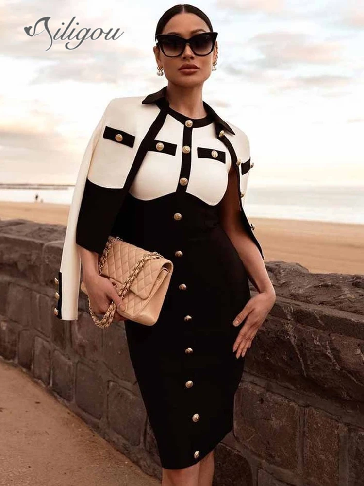 

Ailigou Summer Women's Black Round Neck Vest Sleeveless Bandage 2022 Sexy Button Patchwork Club Mini Celebrity Party Tight Dress