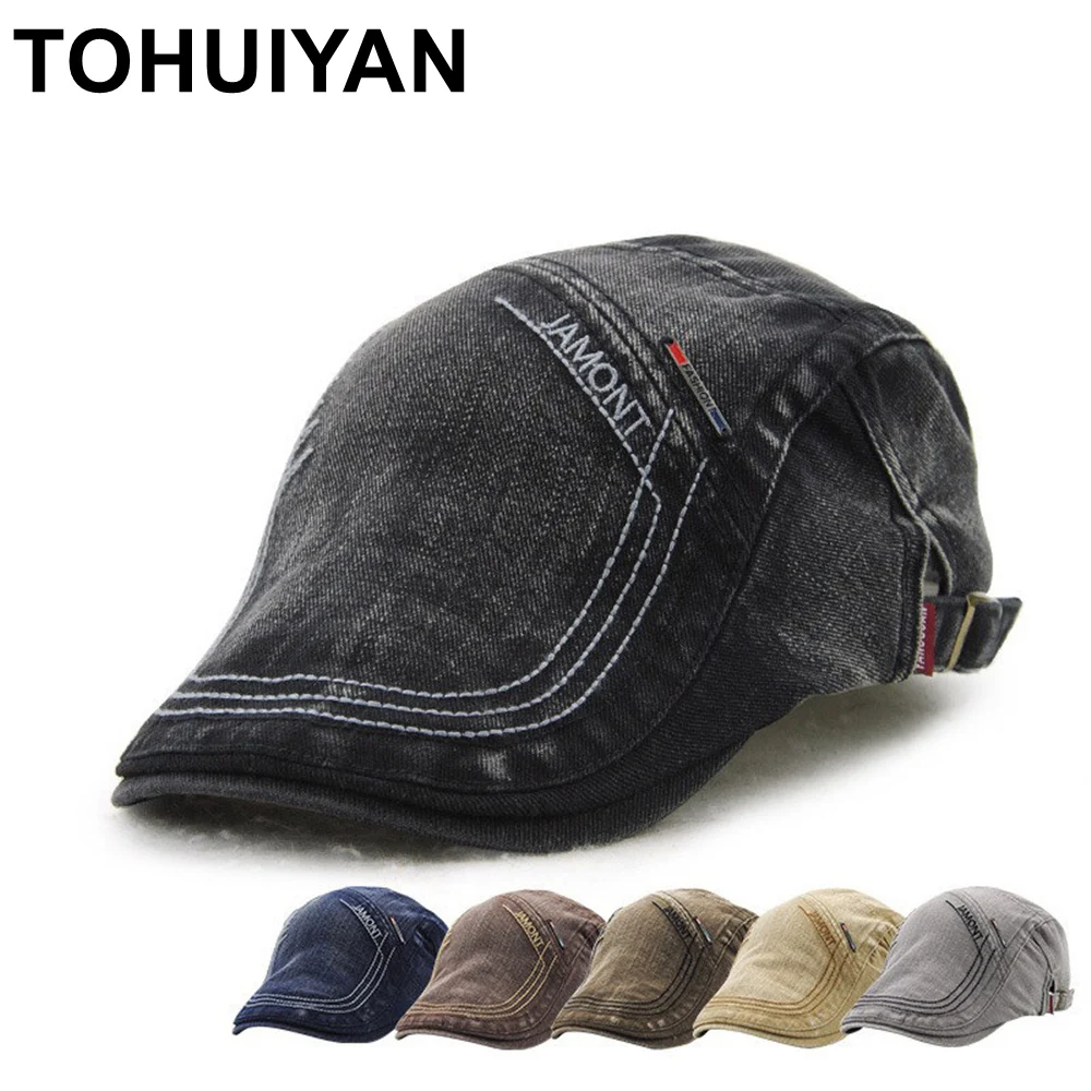 

TOHUIYAN Retro Cotton Newsboy Caps For Men Letters Embroidery Beret Hats British Style Duckbill Hat Male Casual Boina Flat Caps