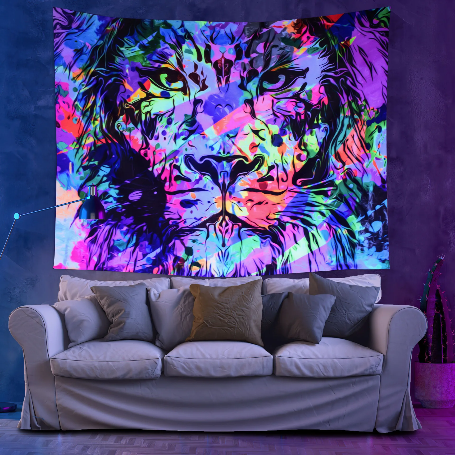 Темно-Синий флуоресцентный черный гобелен Волк тигр лев Сова художественный