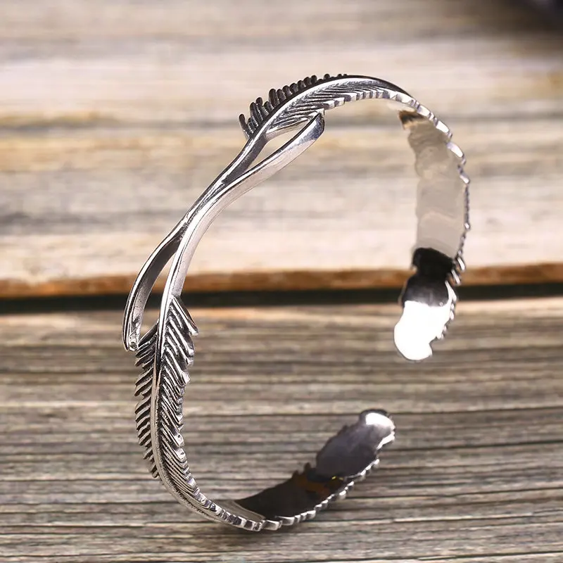

Silver Men Bangle Retro Feather Opening New Design Trendy Personality Fashion Gift For Boyfriend Pulseras Jewelry Accessory