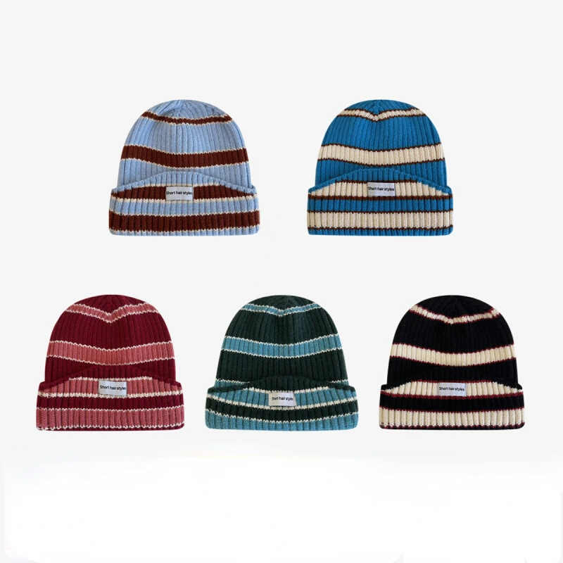 

Новинка 2022, модные зимние вязаные шапки в полоску для женщин и мужчин, шапочки в полоску контрастных цветов, облегающие шапки, теплая шапка, ...