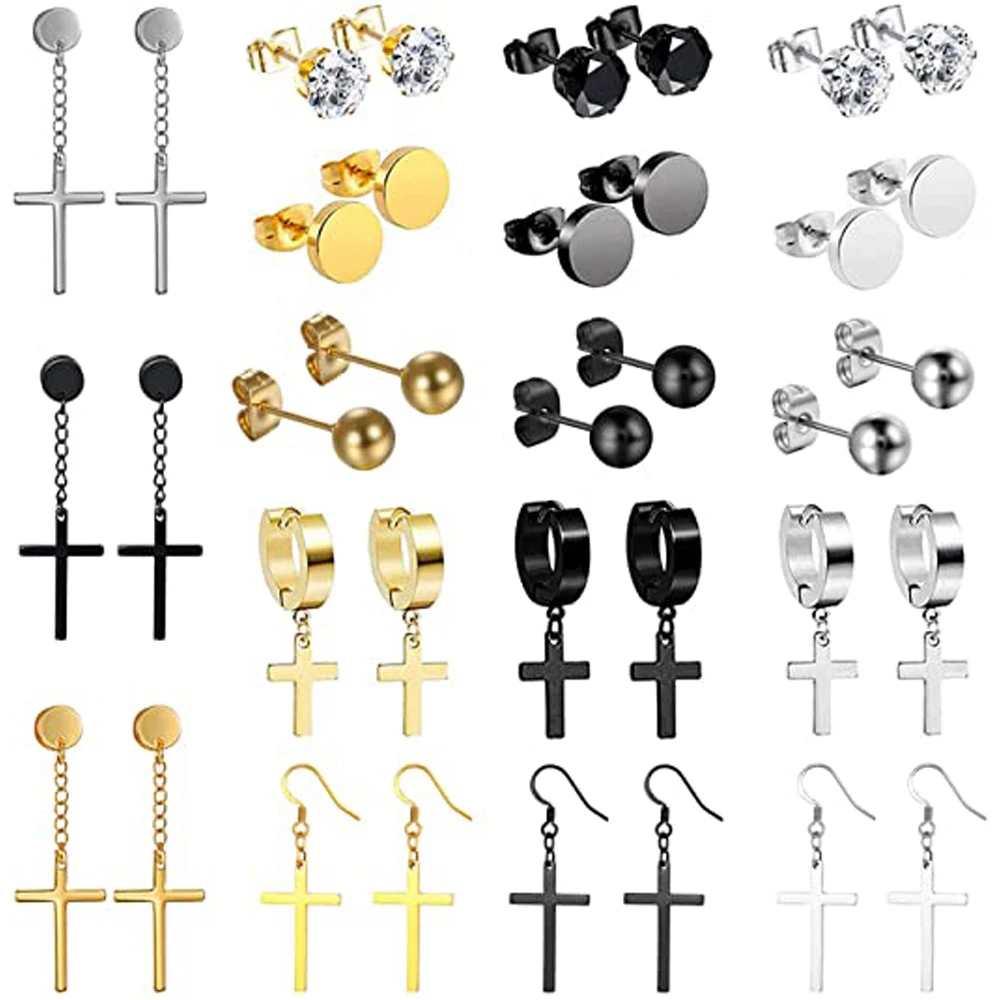 

1Pairs Stainless Steel Stud Dangle Earrings Set for Men Women Cool Huggie Hoop Earring Piercing Silver,Gold,Black