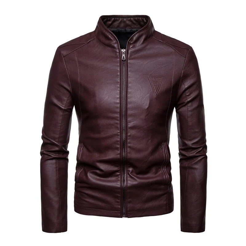 Мужская кожаная куртка из ПУ кожи с воротником-стойкой