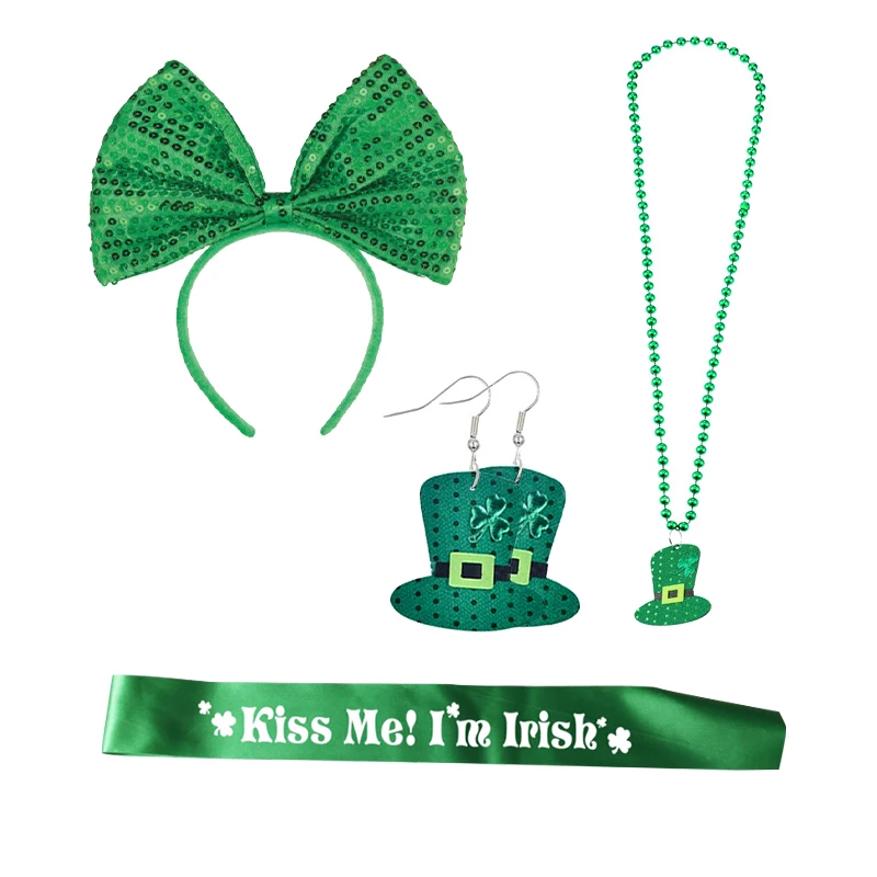 

4PCS St. Patrick's Day Headbuckle Necklace Earring Shoulder Strap Party Costume Decorations Irish Festival Series