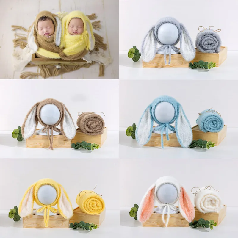 ❤️Newborn Photography Clothing Cute Long Ear Hat+Wrap 2Pcs/set Baby Photo Prop Accessories Studio Shoot Infant Knitted Cap Wraps