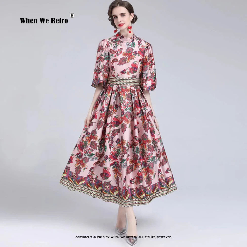 

Женское дизайнерское модельное платье, винтажное длинное платье для отпуска с воротником-стойкой, пышными рукавами и цветочным принтом, VP0205, осень