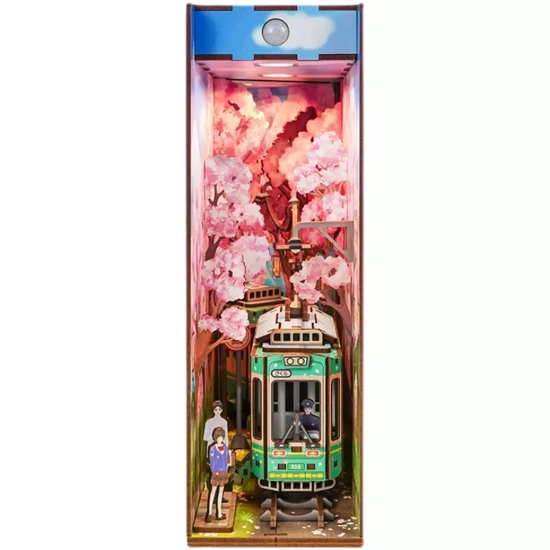 

New DIY Book Nook Japanese Cherry Train Model Bookend Bookshelf Insert Bookcase With LED Kit Toy Children Birthday Gift Casa