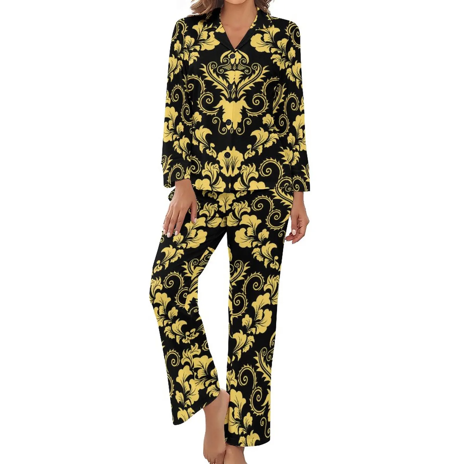 

Винтажная Дамасская Пижама, весенние элегантные пижамные комплекты из 2 предметов желтого и черного цветов, женская одежда для сна с длинным рукавом и V-образным вырезом и ночным узором