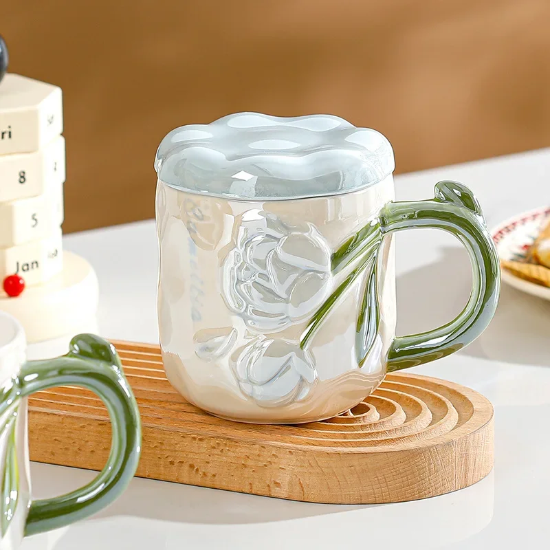 

Romantic Rose Embossed Mug Ceramic Mug Underglaze with Ribbon Cover Cute Companion Gift Creative Gift Coffee Mug