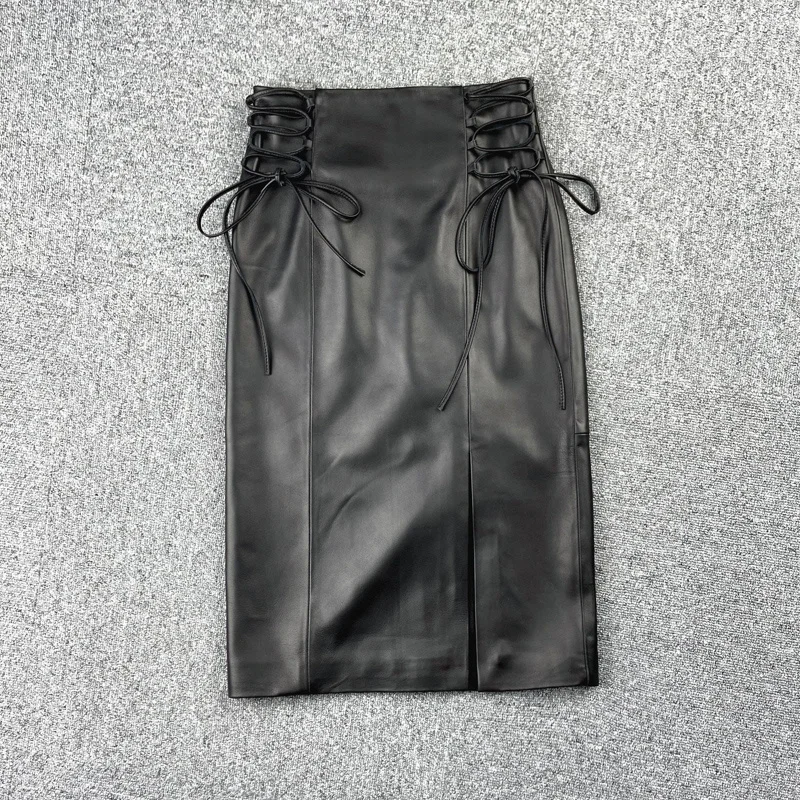 

Gothic Skirt Women Designer 2023 Winter 100% Sheepskin Leather Side Straps Slits Slim Wrap Jupe Mujer Retro Midi Saia Streetwear