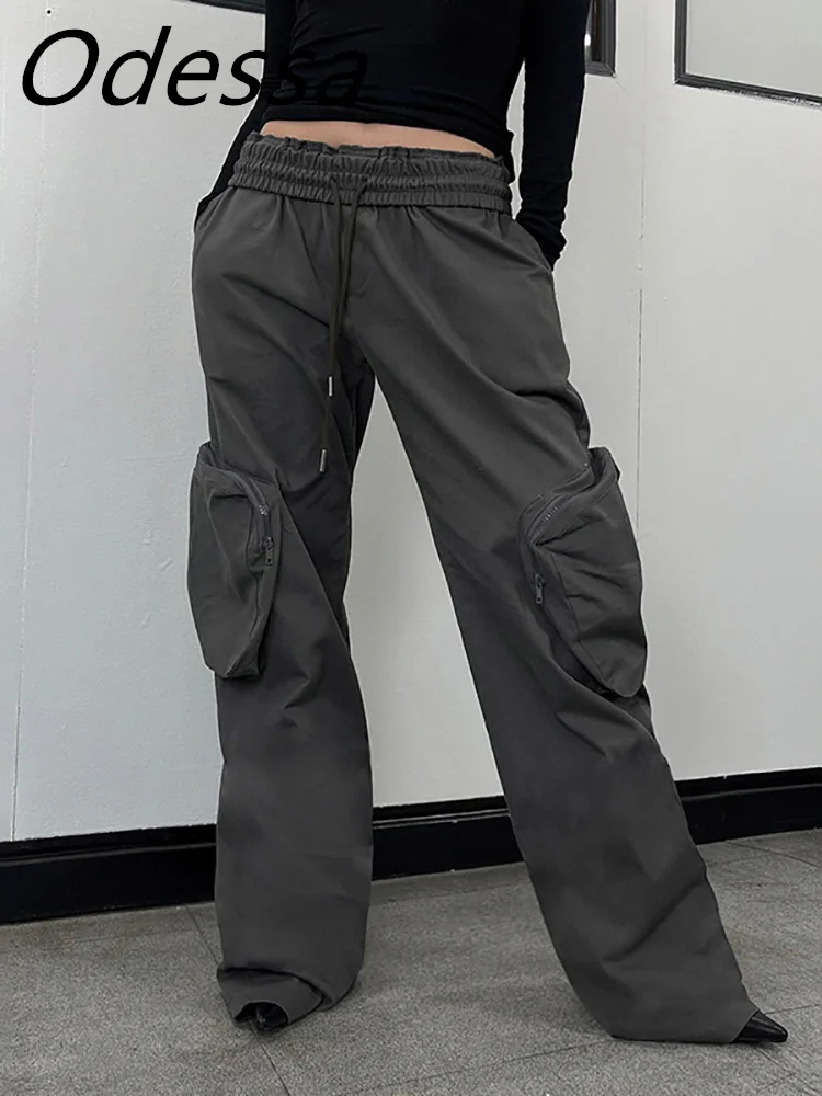 

Брюки-карго женские с завышенной талией и карманами, серые