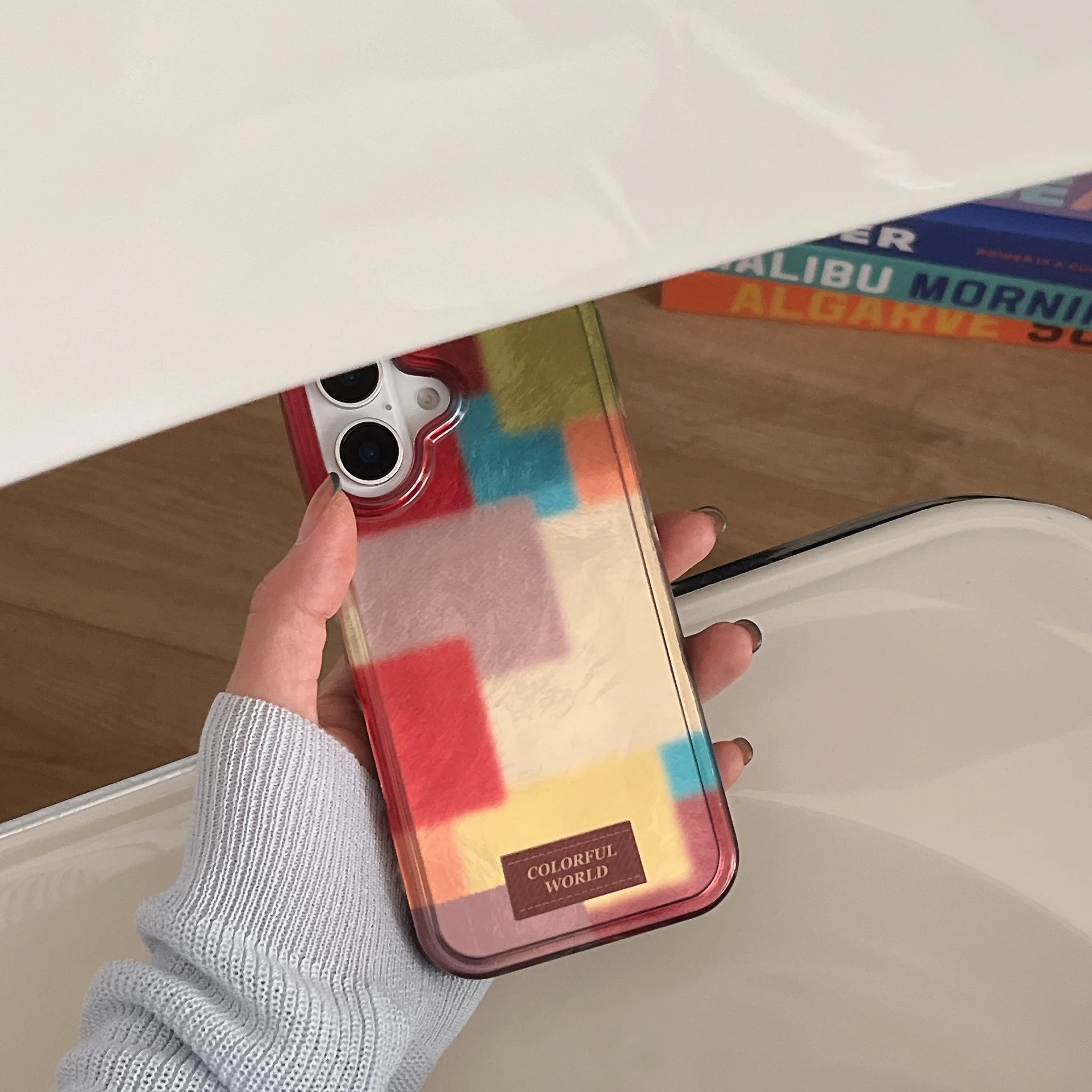 Creative INS Ripple Texture Colorful Splicing Checkers Two-layer Phone Case for iPhone 16 15 14 13 Pro Max Back Cover Capa