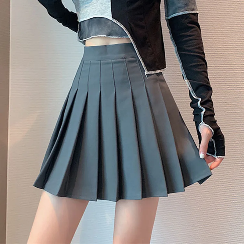 Women High Waist Pleated Mini Skirt All-Match Korean Style Casual A Type Short Solid Girls Streetwear 2022 Summer Grey Black