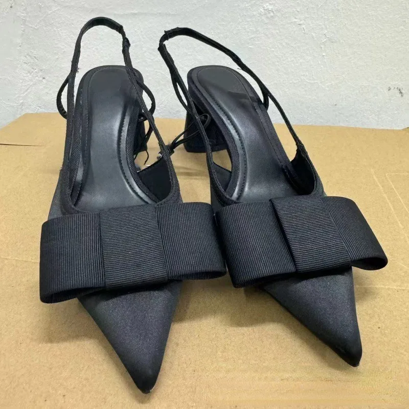 2024 черные женские элегантные туфли на высоком каблуке с острым бантом роскошные