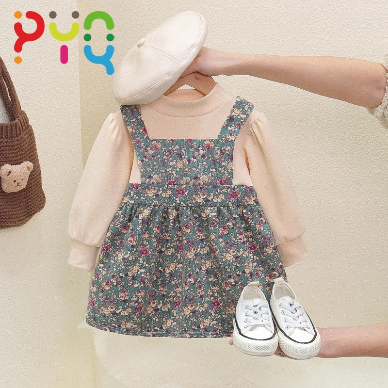 Baby Dress For Girls Long Sleeve Princess Dress 2023 New Autumn Baby Girls Clothing Kids Fake 2-Piece Vest Floral Dress 1-4Years