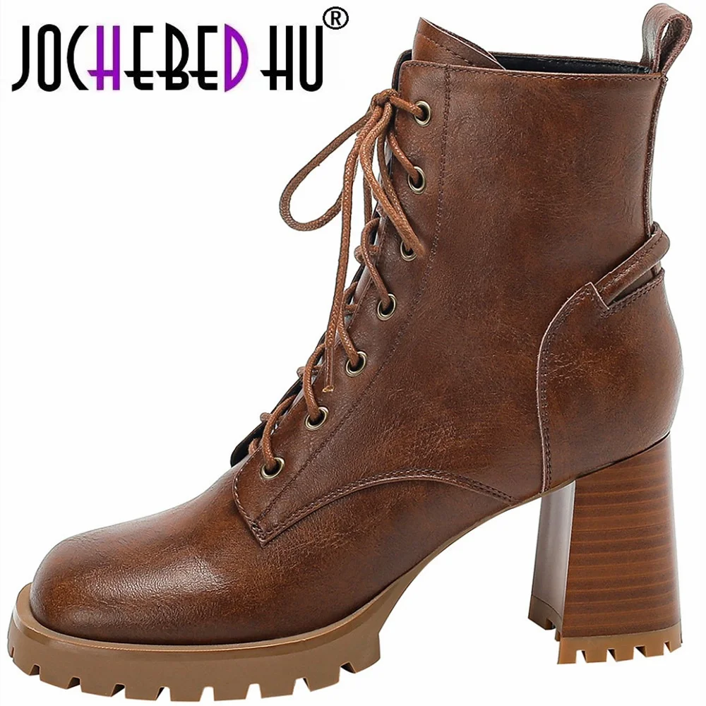 

【JOCHEBED HU】Fashion Women Shoes Square Toe High Heel Shoes for Women leather Boots Women Lace up Modern Boots Winter Women Boot