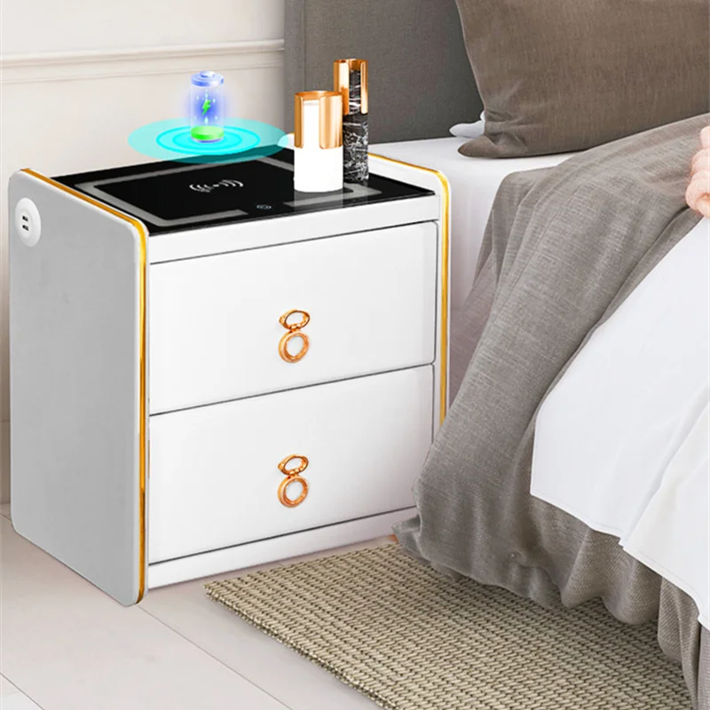 

Drawers Smart Bedside Hotel Charging With LED Multi White Bedroom Wood Table USB Charging Bedroom Storage Cabinet Furniture WW50